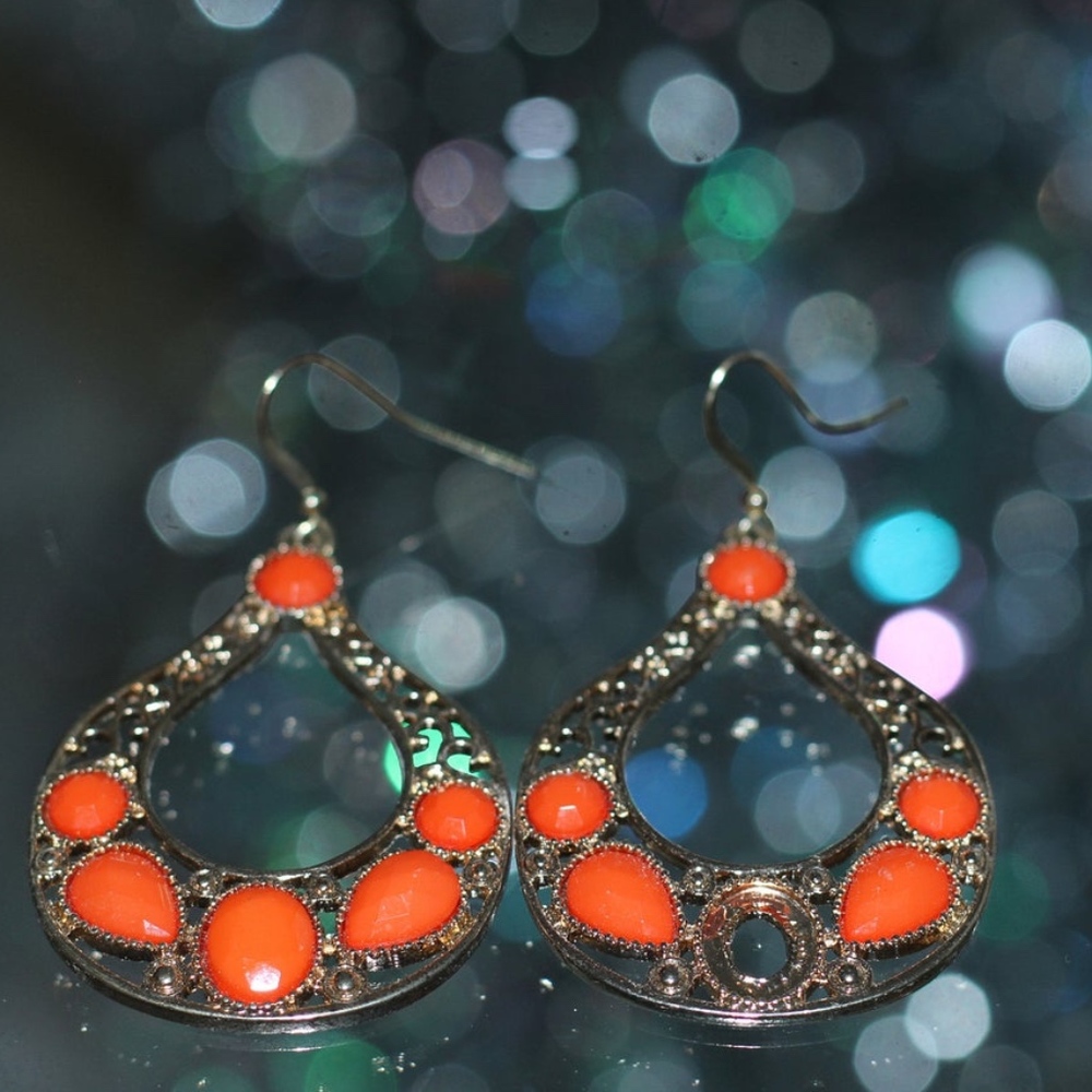 Gold & Coral Tear Drop Chandelier Earrings